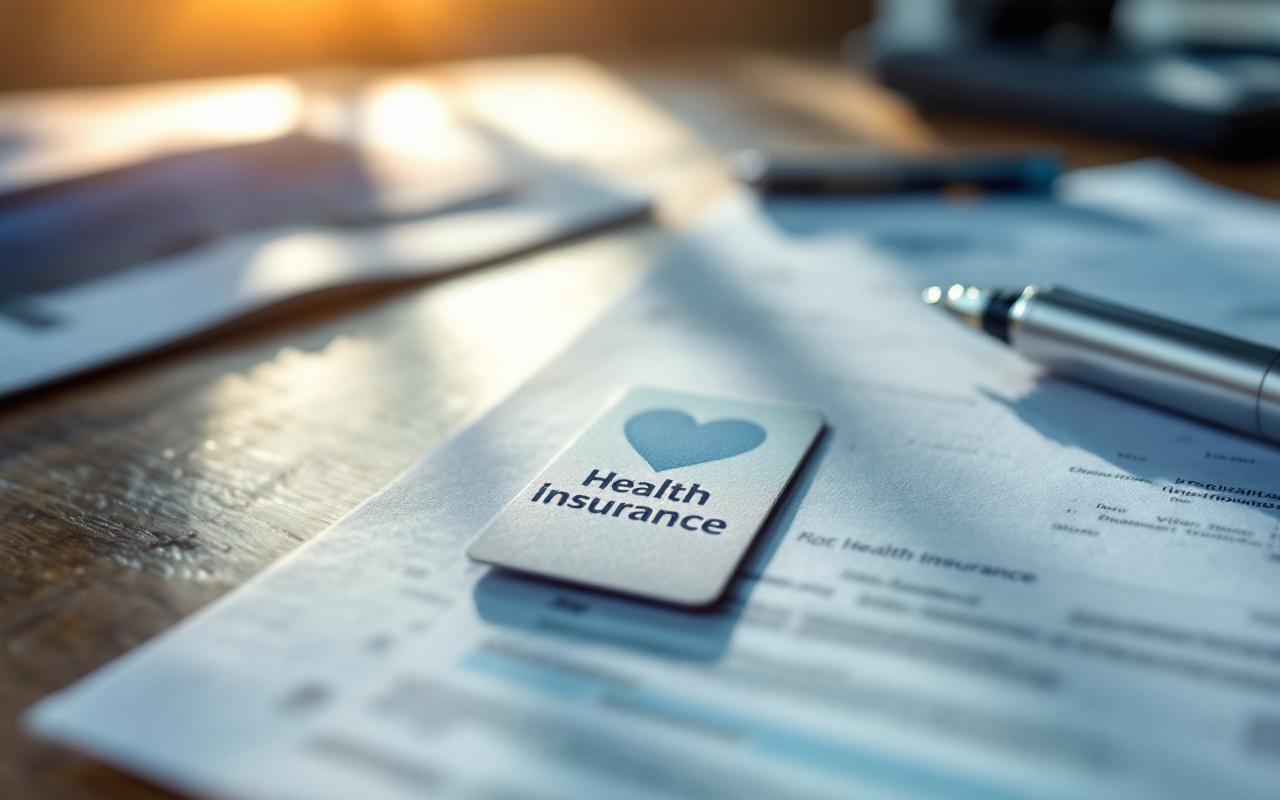 Carte d'assurance maladie et brochure posées sur un bureau municipal en bois, entourées de papiers tamponnés et d'un stylo, éclairage naturel doux avec légères traînées de lumière volumétrique, ambiance administrative professionnelle.