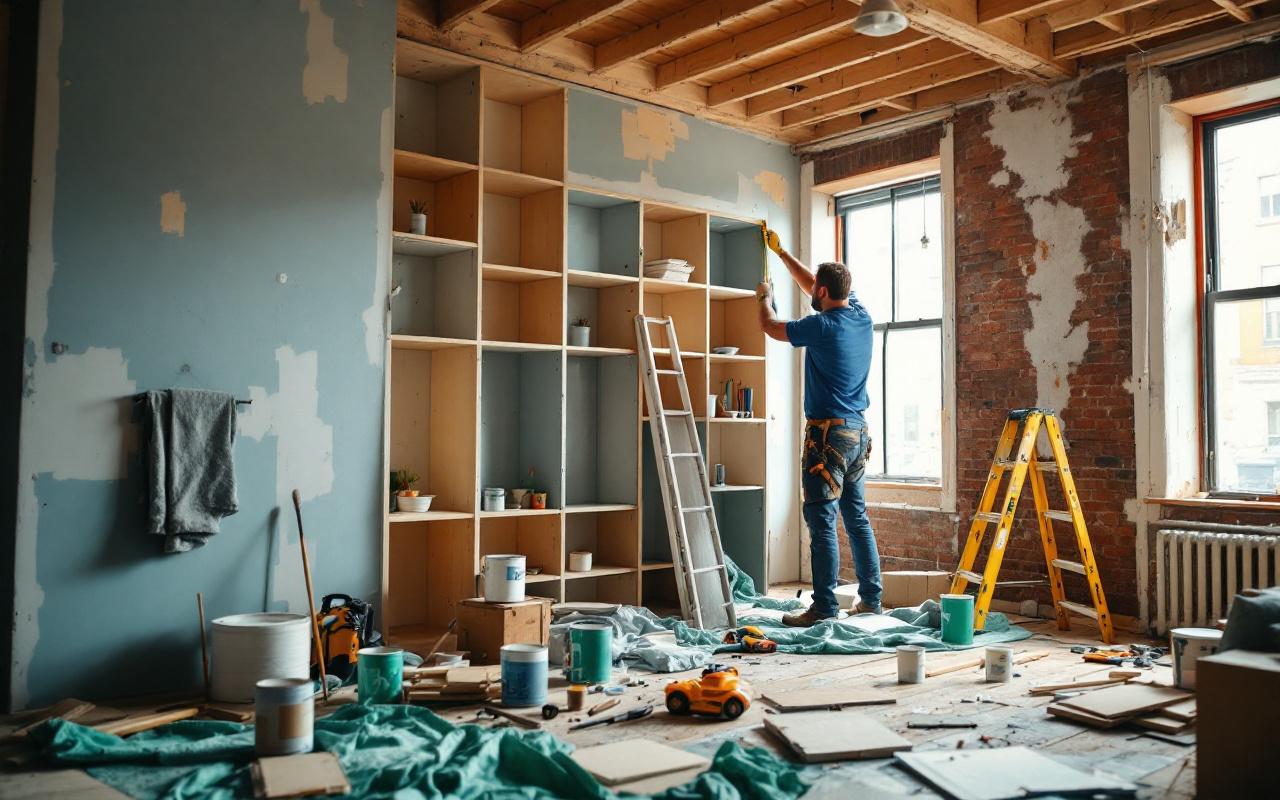 Un entrepreneur en pleine r&eacute;novation d'un appartement, debout sur une &eacute;chelle installant des &eacute;tag&egrave;res dans un salon partiellement d&eacute;cap&eacute;, outils et mat&eacute;riaux &eacute;parpill&eacute;s, murs en brique apparente et plaques de pl&acirc;tre visibles, lumi&egrave;re naturelle chaude filtrant par de grandes fen&ecirc;tres, tons bleus et verts dominants.
