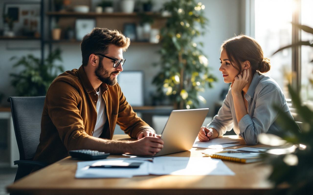 Fondateur freelance rencontrant un comptable pour discuter du statut légal, assis à une table en bois dans un petit bureau moderne, avec ordinateur portable, contrats et calculatrice, lumière naturelle douce et chaude filtrant par la fenêtre.