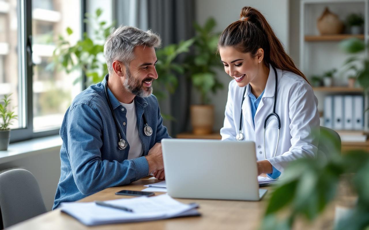 Un professionnel de santé et un courtier en assurance assis dans un bureau moderne, examinant ensemble des options de couverture sur un ordinateur portable, lumière naturelle douce, documents et stylos sur la table.