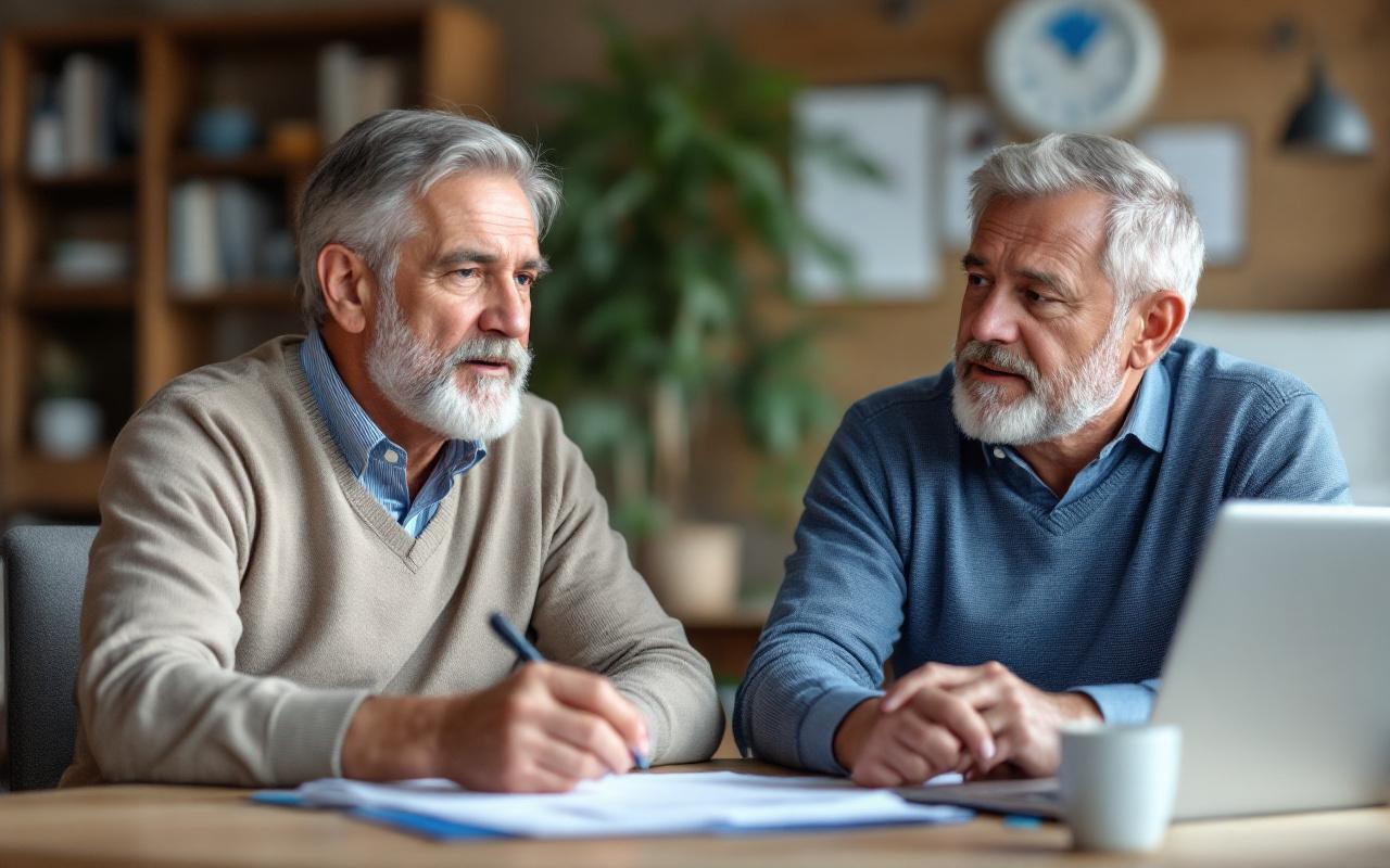 Un conseiller fiscal explique à un client les options fiscales immobilières dans un bureau lumineux, documents et ordinateur sur la table, les deux attentifs, tons beiges et bleu marine, éclairage volumétrique doux.