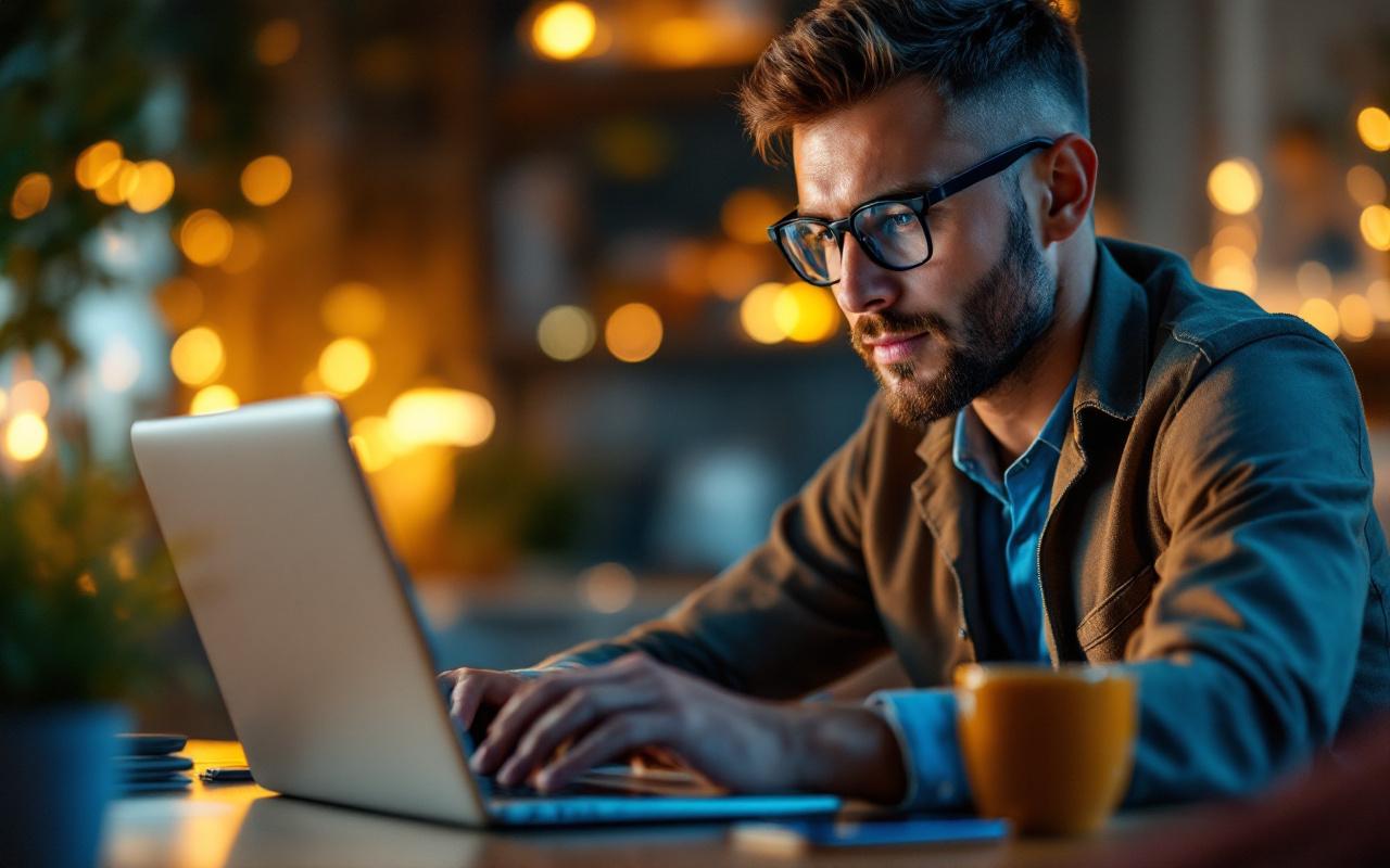 Investisseur utilisant un ordinateur portable pour trader des actions via un courtier en ligne, assis dans un bureau moderne, écran montrant des graphiques boursiers, tasse de café à côté, lumière dorée douce, ambiance naturelle et concentrée.