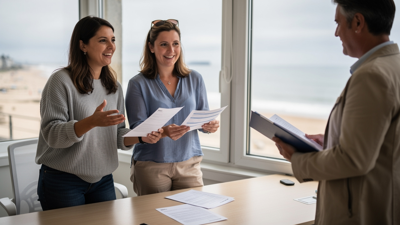 Des membres d’une agence d’intérim échangent des documents avec un employeur du tourisme pour des recrutements saisonniers à Avranches, dans un cadre de bord de mer.