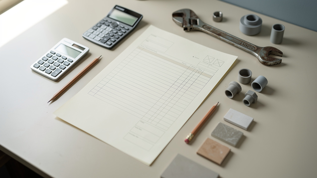 Gros plan réaliste d’un document de facture vierge avec des lignes et emplacements abstraits, accompagné d’un calculateur, d’une clé métallique, d’un crayon et d’échantillons de matériaux dans un bureau d’artisan lumineux.